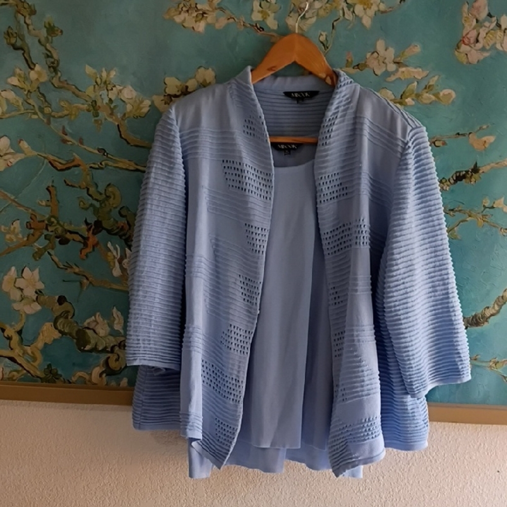 Misook Sky Blue Knit Jacket and Top Size PL